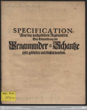 Specification, Was bey nachgesetzten Regimentern Bey nachgesetzten Regimentern Bey Emportirung der Benamunder-Schantze todt geblieben und bleßirt worden