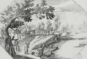 Landschaft mit Baum, 3 Männern und Booten