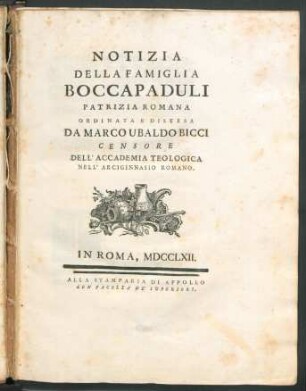 Notizia Della Famiglia Boccapaduli Patrizia Romana