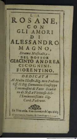 La Rosane, con gli amori di Alessandro Magno