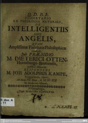 Dissertatio ex theologia naturali de intelligentiis sive angelis