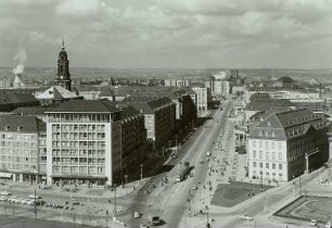 Dresden. Blick vom Hochhaus am Pirnaischen Platz nach Westen in die Ernst-Thälmann-Straße, rechts das Landhaus