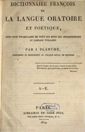 Dictionnaire françois de la langue oratoire et poétique, 1. (1819)