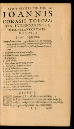 Ioannis Corasii Tolosatis Iurisconsulti, Miscellaneorum Iuris Civilis Liber Quartus.
