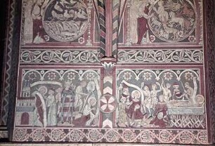 Martyrium der Heiligen Thomas, Matthias, Stephanus und eines weiteren Heiligen; oben: Erschaffung der Fische und Vögel, Erschaffung der Landtiere und des Menschen
