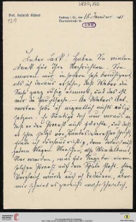 Heid. Hs. 3820,160: Brief von Heinrich Rickert an Emil Lask