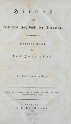 Nr. 19 der ganzen Folge (1823): Hermes oder kritisches Jahrbuch der Literatur