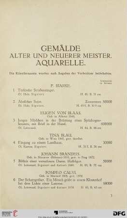 Gemälde alter und neuerer Meister. Aquarelle (Nr. 1 - 92)