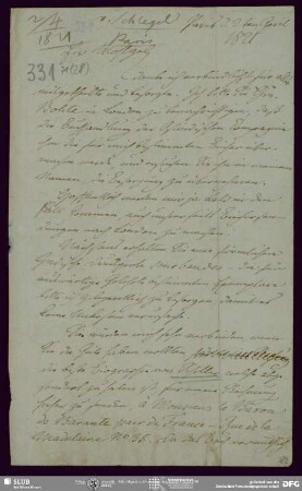 Eigenh. Briefkonzept von August Wilhelm von Schlegel an Buchhandlung Eduard Weber , Paris, 02.04.1821