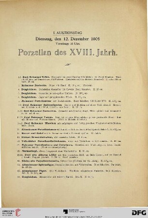 I. Auktionstag: Dienstag, den 12. Dezember 1905, vormittags 10 Uhr. Porzellan des XVIII. Jahrh. (Nr. 1-224)