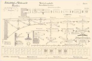 Schlachthof und Viehmarkt, Breslau Verbindungshalle: Eiserne Dachkonstruktion. Grundriss mit Binder und Pfetten 1:200 Binderschema 1:100 Binderansicht 1:20 Knotenpunkte Pfettengelenkverbindungen 1:10