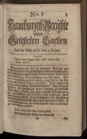 No. I. Auf das Jahr 1736. den 3 Januar. - No. IX. Auf das Jahr 1736. den 31. Januar.