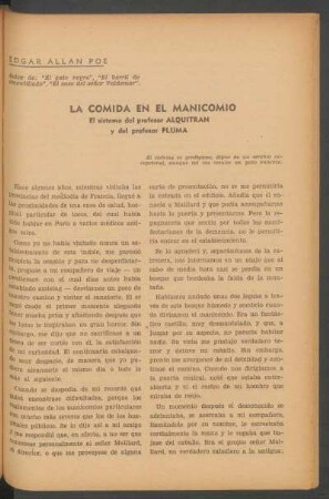 La comida en el manicomio [o] El sistema del profesor Alquitrán y del profesor Pluma : El sistema es prodigioso, digno de un cerebro excepcional, aunque tal vez resulte un poco violento.