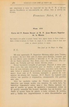 Núm. 108. Carta del P. Ramón Ricart al R. P. Juan Ricart, Superior de la Misión