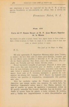 Núm. 108. Carta del P. Ramón Ricart al R. P. Juan Ricart, Superior de la Misión