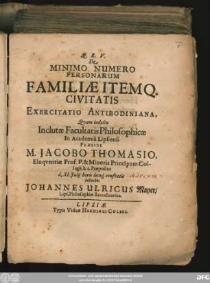 De Minimo Numero Personarum Familiae Itemq[ue] Civitatis Exercitatio Antibodiniana