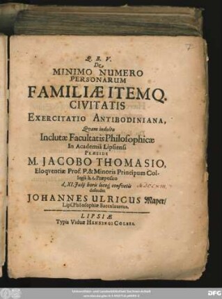 De Minimo Numero Personarum Familiae Itemq[ue] Civitatis Exercitatio Antibodiniana