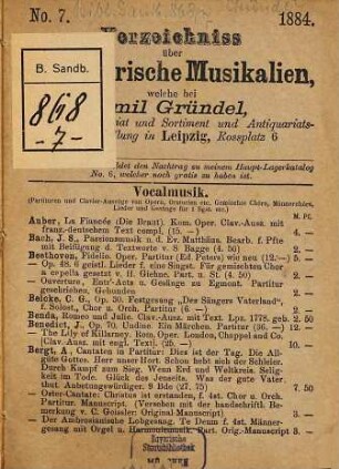 Verzeichniss des antiquarischen Musikalien-Lagers von Emil Gründel : No. ..., 7