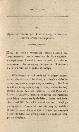 IV. Opisanie niektorych kraiow niegdys do krolestwa Peru nalezacych