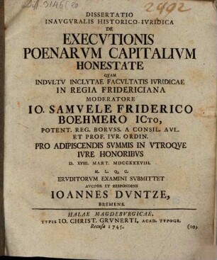 Diss. inaug. hist. iur. de executionis poenarum capitalium honestate