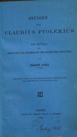 Studien über Claudius Ptolemäus : ein Beitrag zur Geschichte der griechischen Philosophie und Astrologie