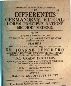 Diss. inaug. ... de differentiis Germanorum et Gallorum praecipuis ratione methodi medendi