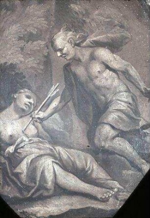 Von Pfeil getötete Nymphe und daneben knieende männliche Figur