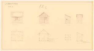 Laubentypen: Grundriss, Ansicht, Seitenansicht, Querschnitt Laube, Grundriss, Ansicht, Seitenansicht, Querschnitt Doppelabort