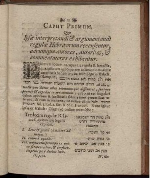 Caput Primum. Quo Ipsae interpretandi & argumentandi regulae Hebraeorum recensentur, earumque autores, autoritas, & commentatores exhibentur.