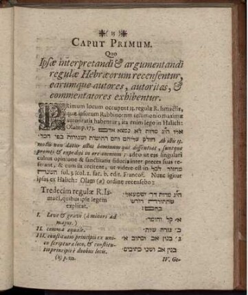 Caput Primum. Quo Ipsae interpretandi & argumentandi regulae Hebraeorum recensentur, earumque autores, autoritas, & commentatores exhibentur.