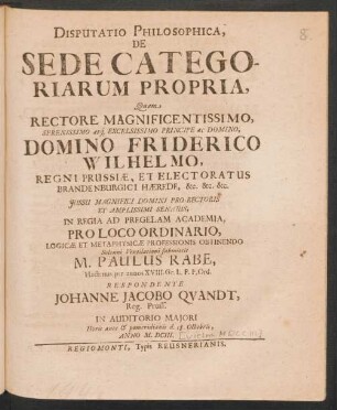 Disputatio Philosophica, De Sede Categoriarum Propria