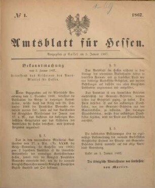 № 1. Ausgegeben zu Cassel am 5. Januar 1867.