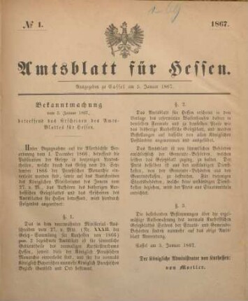 № 1. Ausgegeben zu Cassel am 5. Januar 1867.