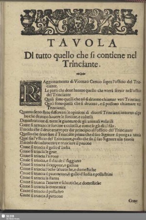 Tavola di tutto quello che si contiene nel Trinciante