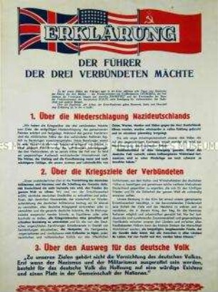 Plakativer Sonderdruck mit dem Wortlaut der Erklärung der Alliierten zu den Ergebnissen der Konferenz von Jalta (Krimkonferenz) im Februar 1945