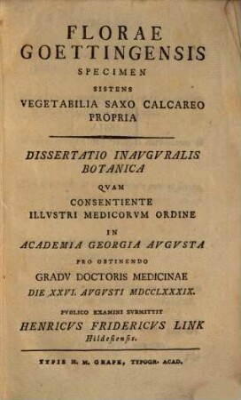 Florae Göttingensis specimen, sistens vegetabilia saxo calcareo propria : Diss. inaug. botan.