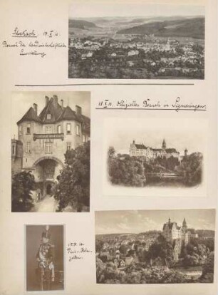 oben: Ansicht von Stockach Mitte links: Tor in Sigmaringen (?) Mitte rechts: Ansicht von Schloss Sigmaringen links unten: Fürst von Hohenzollern rechts unten: Ansicht von Schloss Sigmaringen
