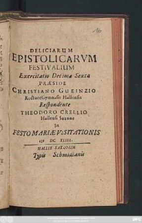 Deliciarum Epistolicarum Festivalium Exercitatio Decima Sexta