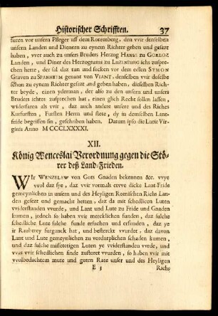 XII. König Wenceslai Verordnung gegen die Störer deß Land-Frieden