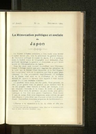 La Rénovation politique et sociale du Japon.