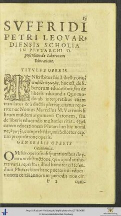 Suffridi Petri Leovardiensis Scholia In Plutarchi Opusculum de Liberorum Educatione