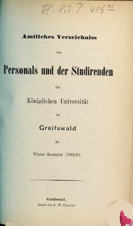 Amtliches Verzeichnis des Personals und der Studierenden der Preußischen Universität zu Greifswald. 1893/94 WS