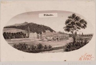 Schloss Pillnitz bei Dresden vom linken Ufer über die Elbe nach Südosten gesehen, im Hintergrund der Borsberg