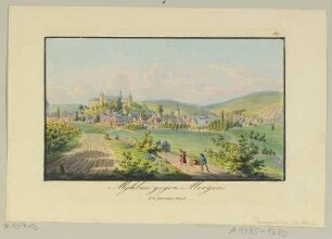 Stadtansicht von Mylau im Vogtland mit der mittelalterlichen Burg über die Felder von Osten
