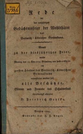 Rede bei der Gedächtnißfeier der Wohltäter des Berlin. Kölnischen Gymnasiums : Einladungsschrift