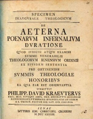 Specimen inaug. theol. de aeterna poenarum infernalium duratione