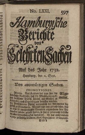 No. LXXI. Hamburg, den 2. Sept. 1732 - No. LXXIX. Hamburg, den 30. Sept. 1732