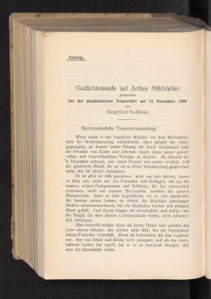 Gedächtnisrede auf Arthur Milchhöfer gesprochen bei der akademischen Trauerfeier am 12. Dezember 1903 von Siegfried Sudhaus.