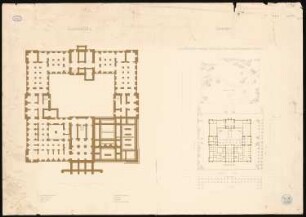 Gebäude für die Vereinigten Großherzoglichen Sammlungen (Kunst, Münzen, Bibliothek, Naturwissenschaften), Karlsruhe: Lageplan und Grundriss KG