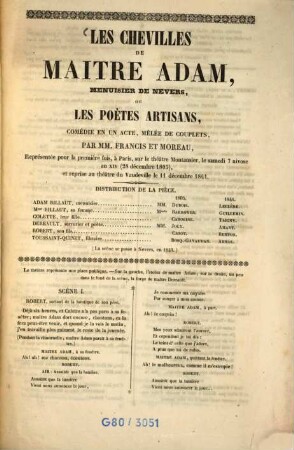 Les chevilles de Maitre Adam, menuisier de Nevers, ou les poètes artisans : comédie en un acte, mêlée de couplets